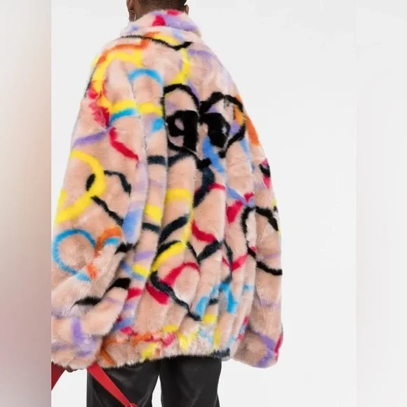 Philipp Plein Multicolor Heart-Print Faux-Fur High-Neck Coat - Picture 2 of 10